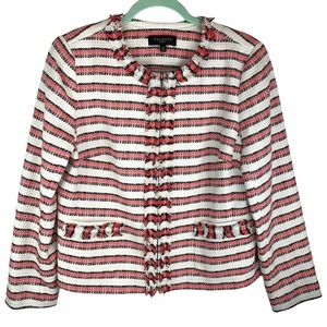 Talbots Size 12 Petite Blazer Jacket White Pink Black Striped Fringe Pockets